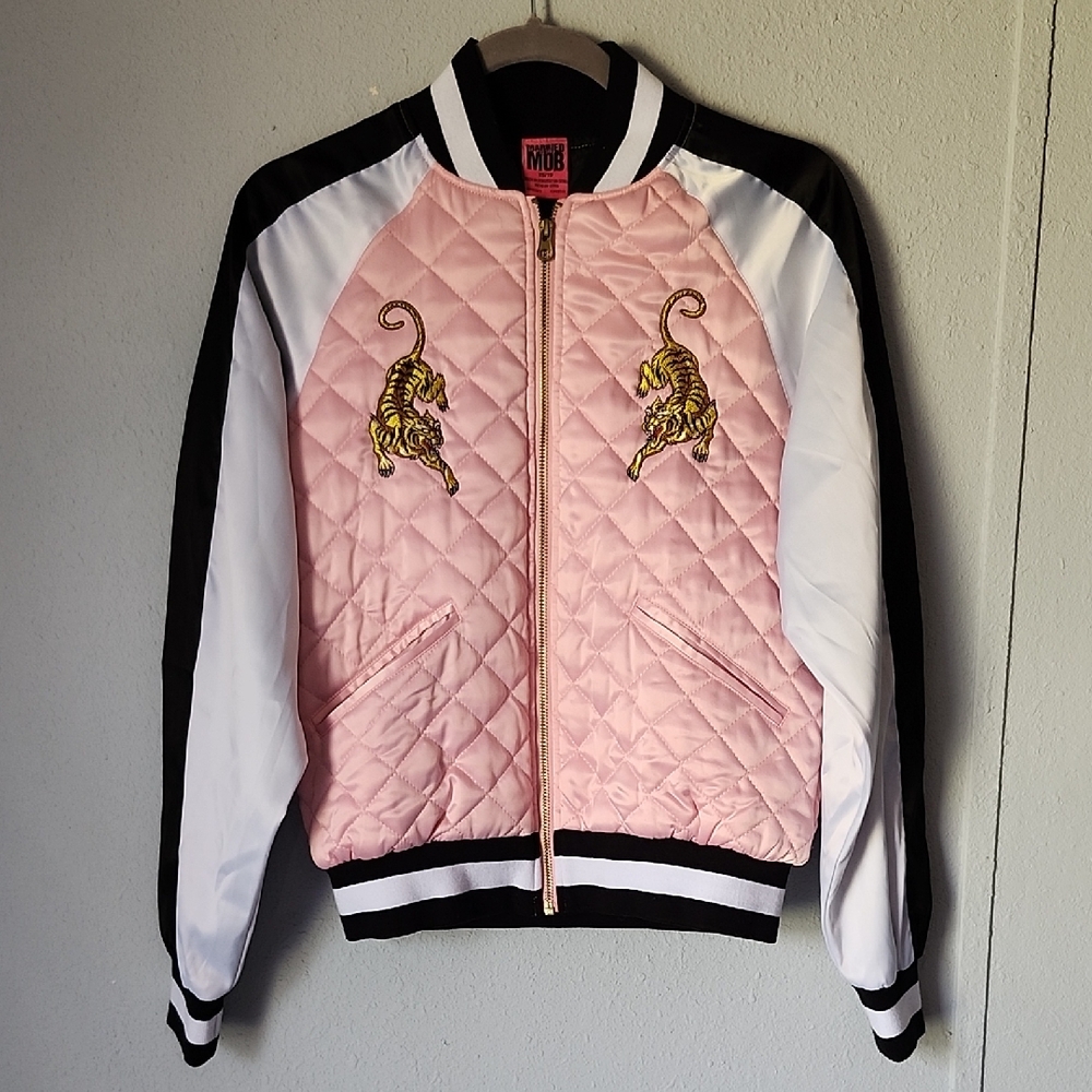 The Married to the Mob Chine White Bomber in Pink Jacket